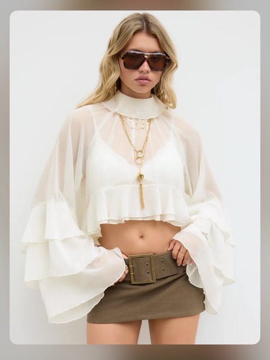 Cider Tops - CHIFFON HIGH NECK RUFFLE DOLMAN SLEEVE SEE-THROUGH CROP BLOUSE L